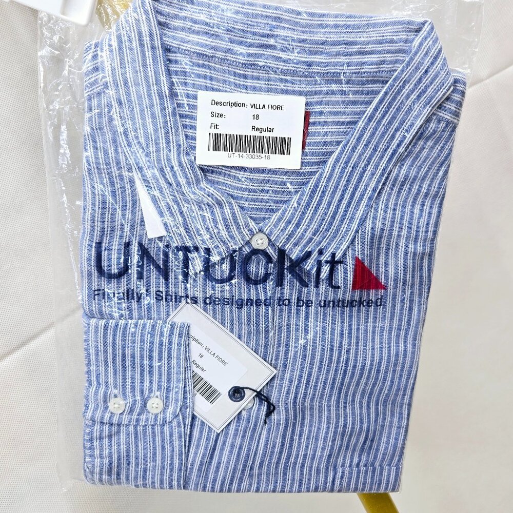 NWT UNTUCKit VILLA FIORE 100% LINEN BLUE WHITE PINSTRIPE BUTTON FRONT SHIRT - Picture 7 of 9